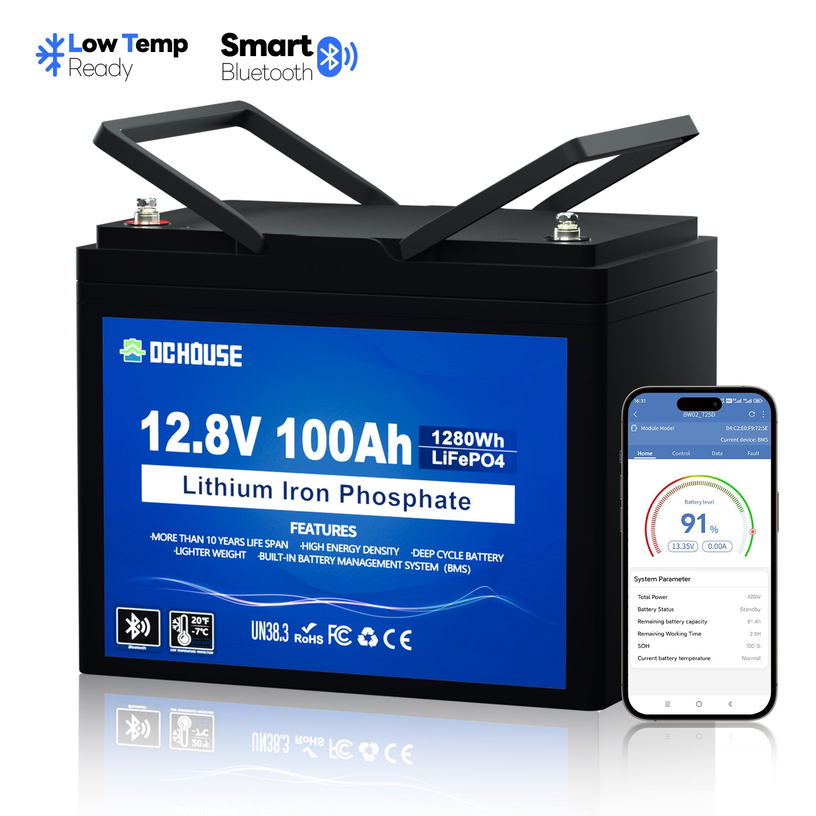 12V 100Ah Deep Cycle LiFePO4 Bluetooth & Low Temp Protection Battery