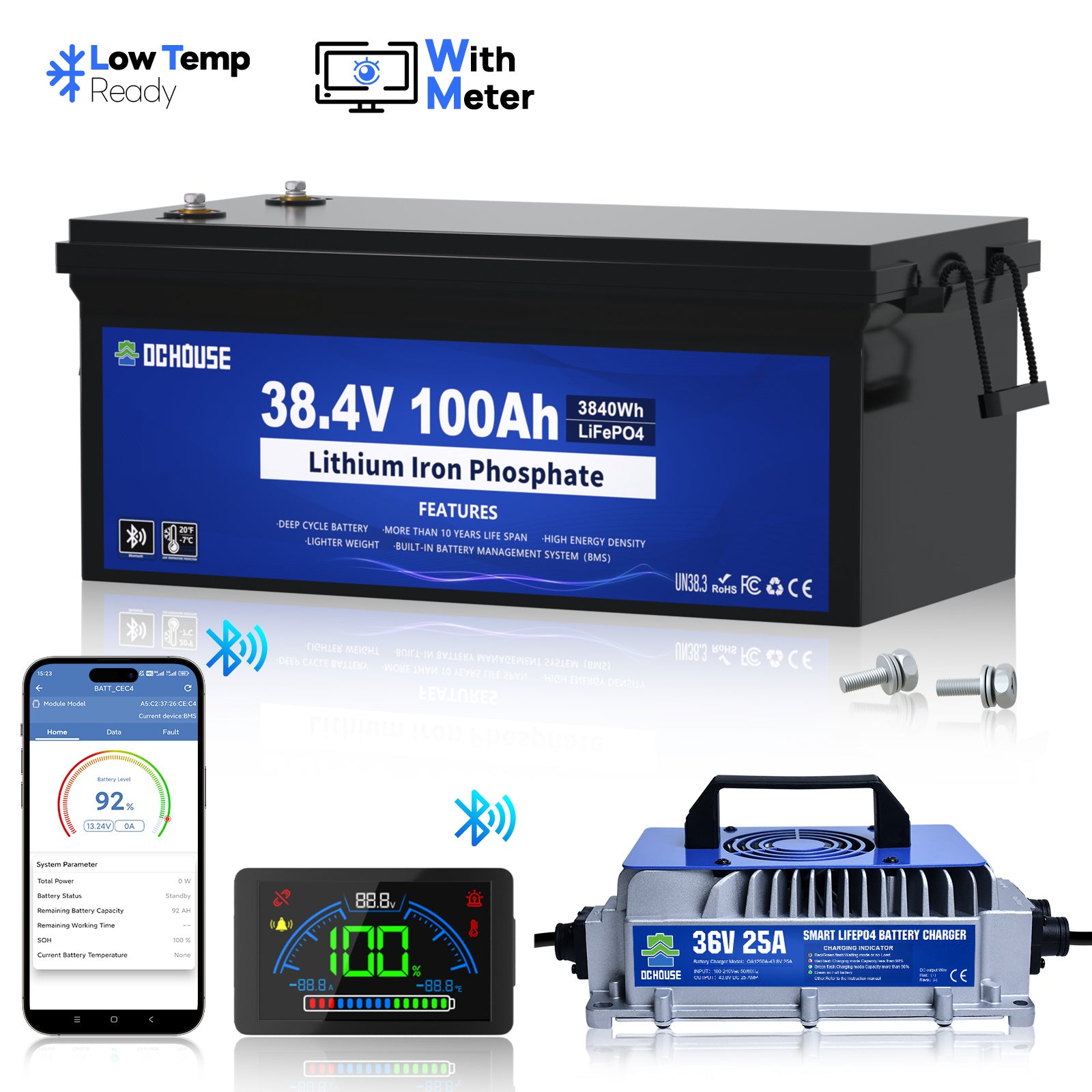 36V 100Ah LiFePO4 Bluetooth Deep Cycle Battery & Charger