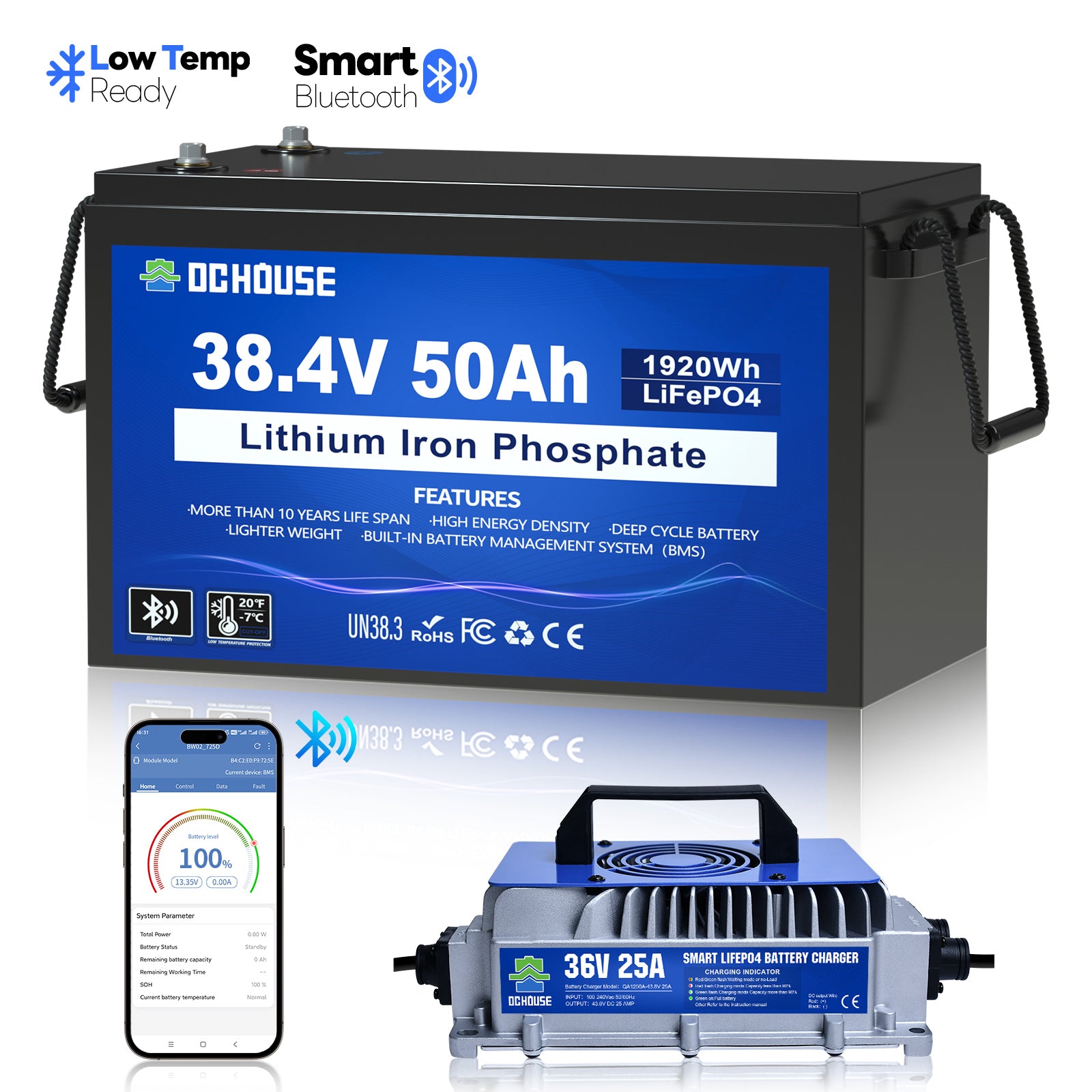 36V 50Ah LiFePO4 Bluetooth Deep Cycle Battery & Charger