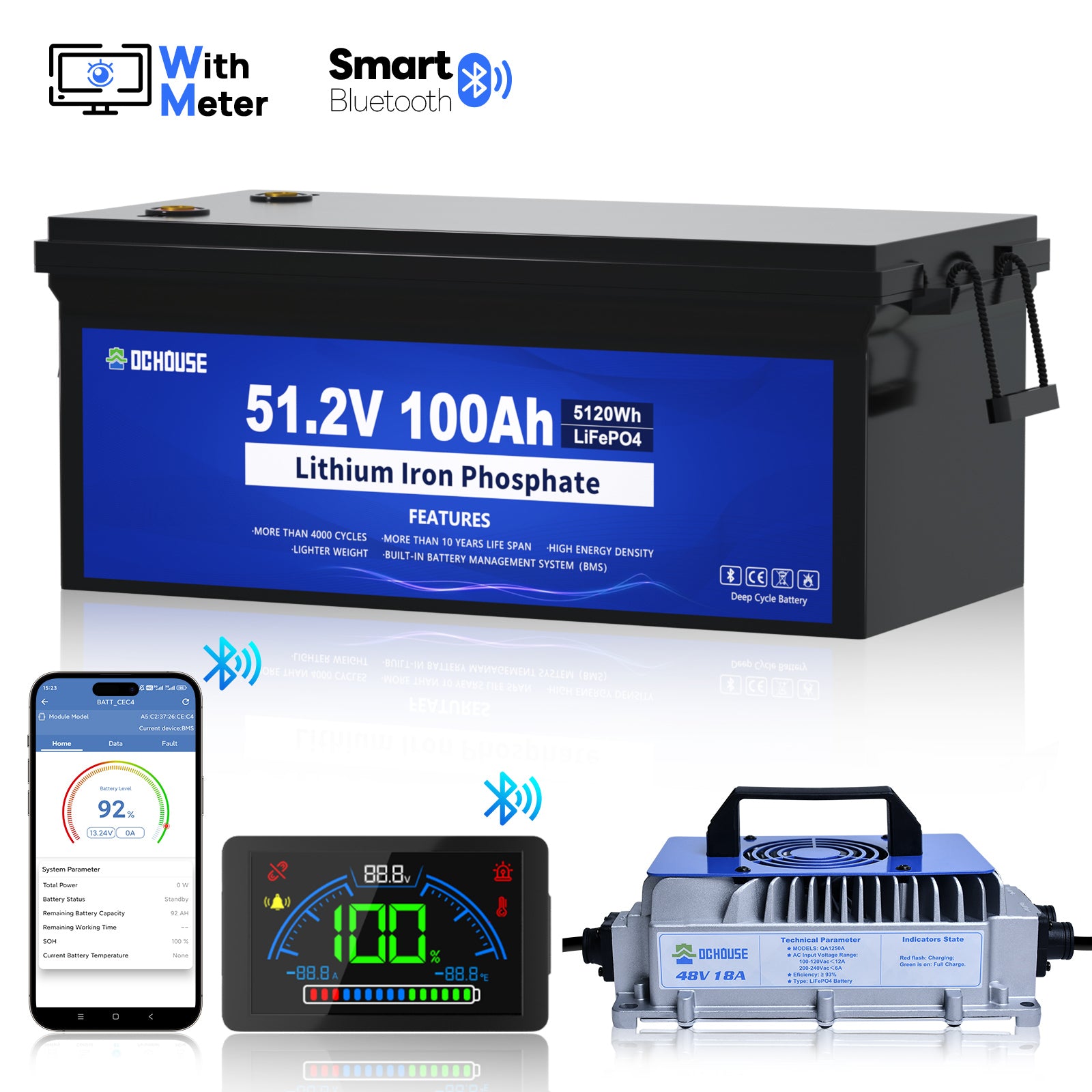 48V 100Ah LiFePO4 Bluetooth Deep Cycle Battery & Charger